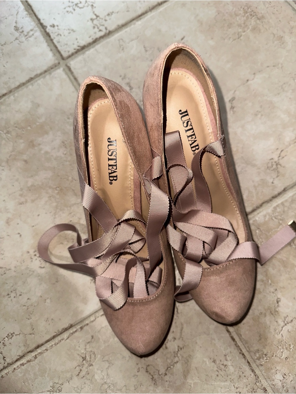 JustFab Blush Ribbon Tie Suede Ballet Flats